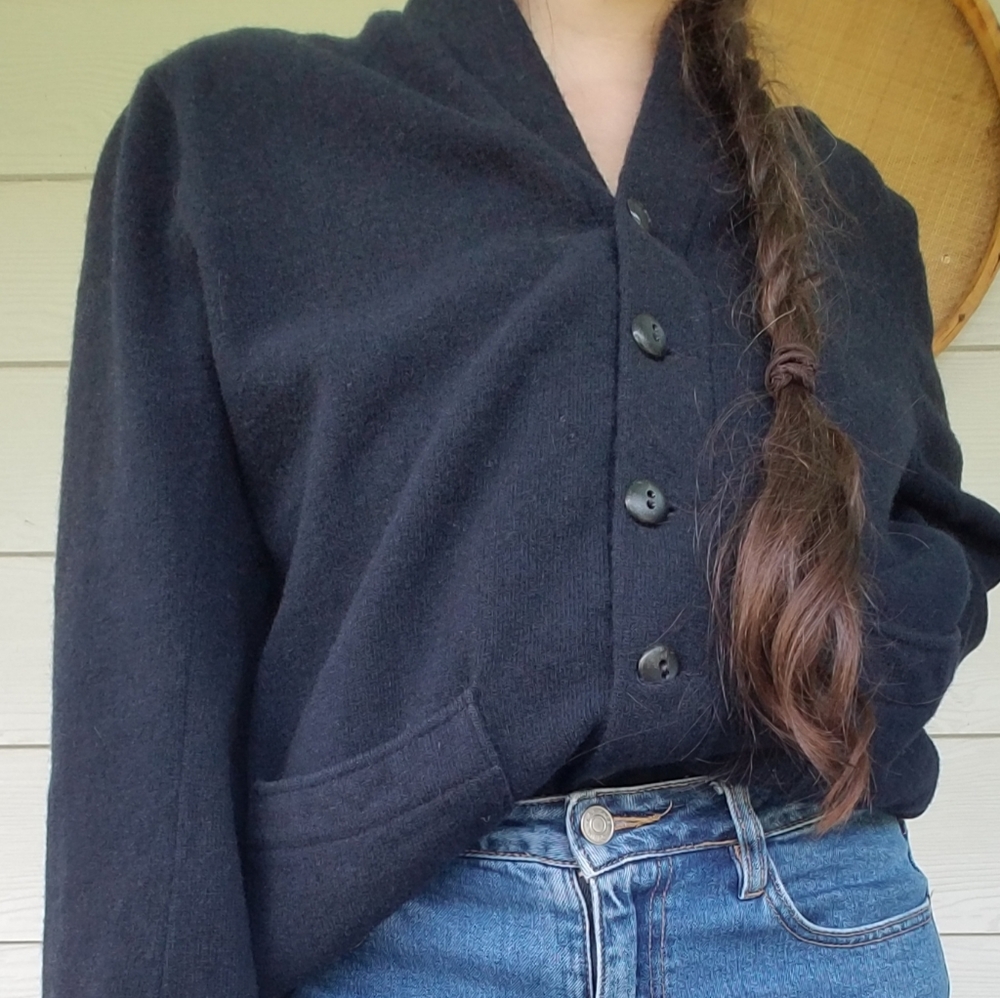 Vintage 60s Virgin Wool Knit Cardigan Navy Dark Grunge Academia Cottagecore